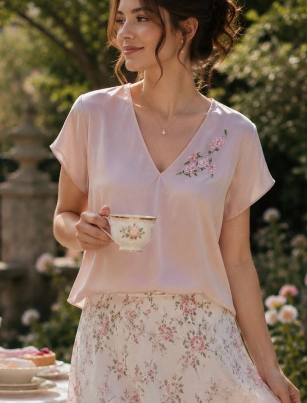 Etienne satin embroidered flowers short sleeve top feminine romantic coquette M